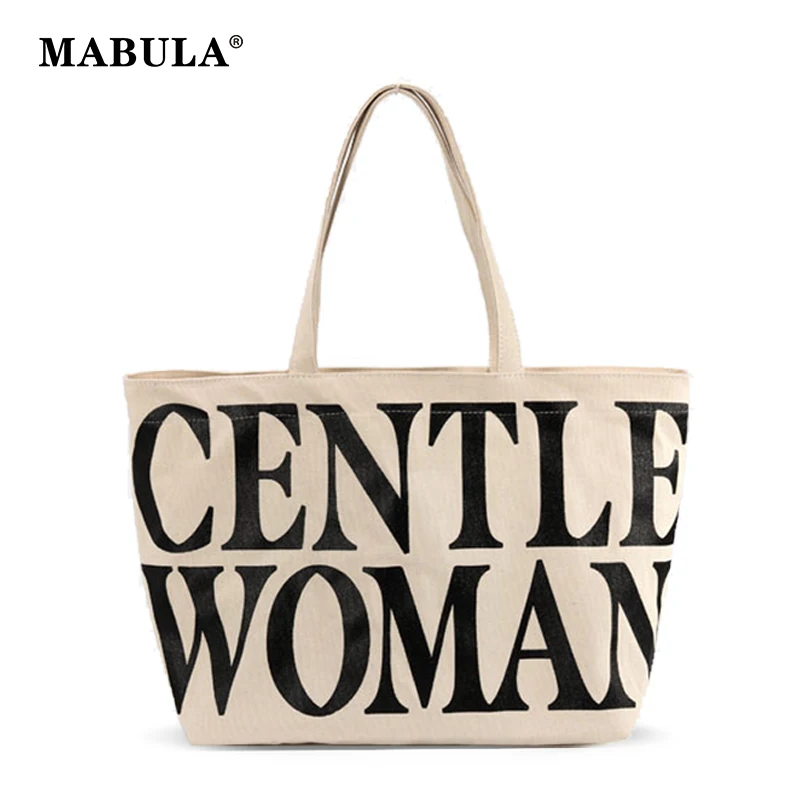 

MABULA Reusable Letter Print Canvas Shopping Handbag Eco Friendly Tote Grocery Purse Big Female Work Shoulder Bag Casual Bookbag