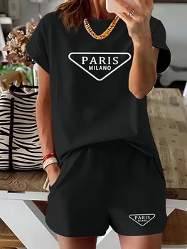 Summer women's fashion Paris MILANO letter printed casual loose round neck short sleeved T-shirt shorts two-piece set 1