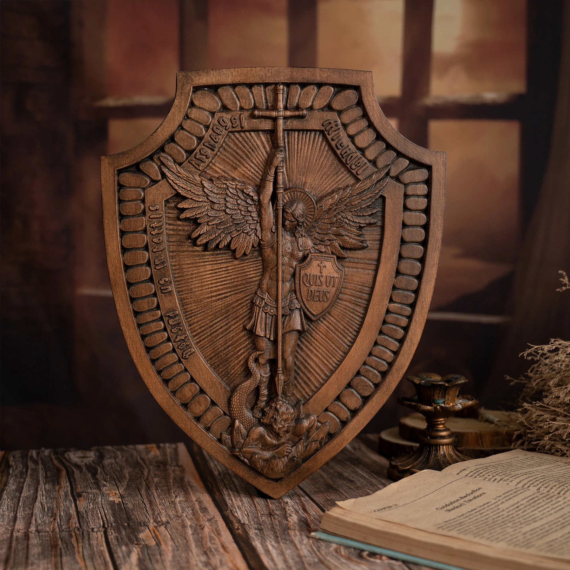 Archangel Michael Shield, Handmade Christian Sculpture, Wooden Icon, Wall Hanging Vintage Wall Art, 14 Inch,