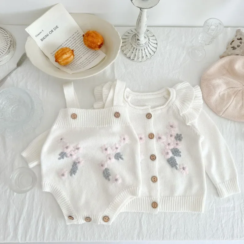 2pcs Fashion Girls Spring Autumn Clothes Set White Floral Knitted Cardigan and Romper Sweater Outfits for Infants Girl's Clothes 1