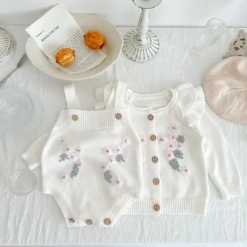 2pcs Fashion Girls Spring Autumn Clothes Set White Floral Knitted Cardigan and Romper Sweater Outfits for Infants Girl's Clothes 1