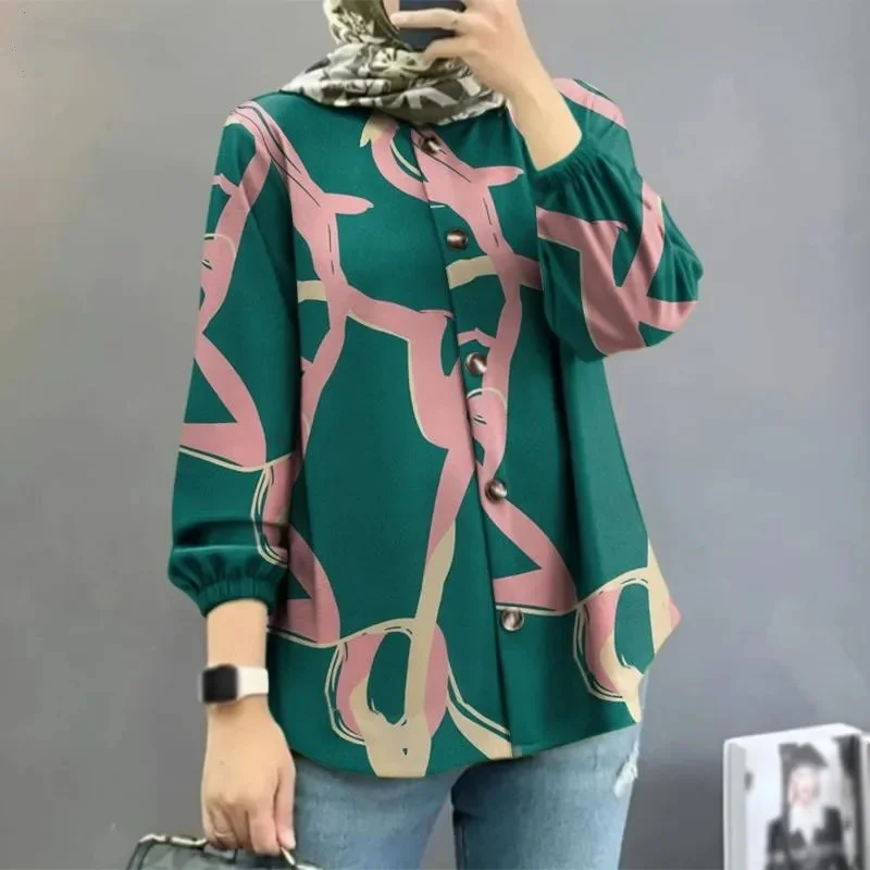 The traditional long-sleeved printed women's wine casual button-up top fall new arrival cross-border best seller