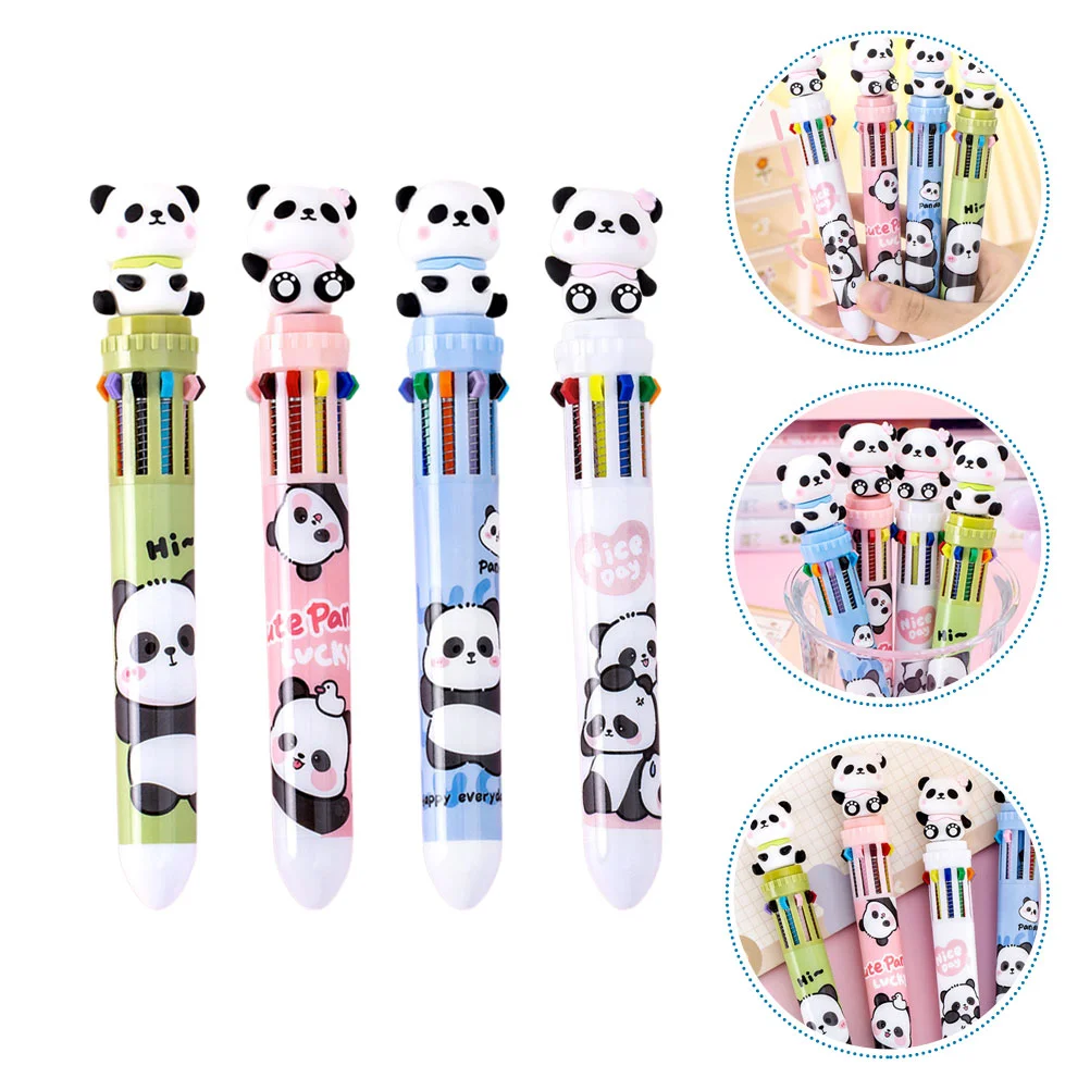 

4 Pcs 10 Color Ballpoint Pen Panda Drawing Pens Multifunction Gifts for The Office Writing Plastic Household Kawaii Student