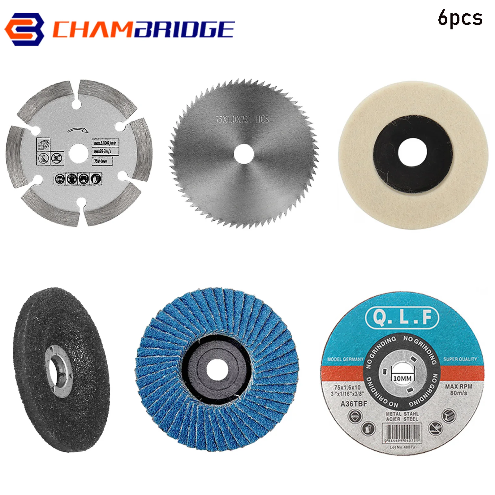 Cutting Blade 6pcs/Set 75mm Metal Cutting Disc Mini Circular Saw Blade Wool Grinding Wheel for Metal Woodworking Stone Polishing Cutting