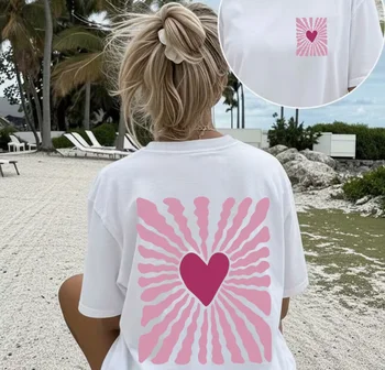 Pink Heart-shaped Lines Double-sided Printed Round Neck Summer T-shirt with A Summer Suitable for Spring and Summer Fashion Tops 1