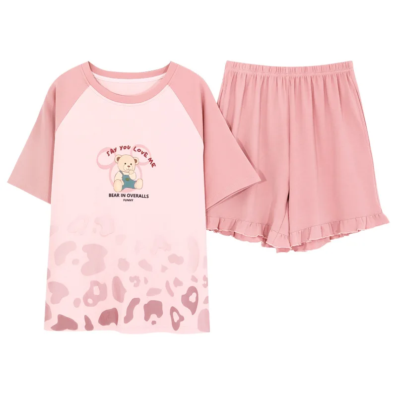 Pajamas women's summer cotton short-sleeved shorts casual cute loose home clothes thin summer suits girl sleepwear
