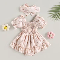 ma&Baby 0-24M Summer Baby Girl Romper Newborn Infant Baby Floral Print Ruffle Jumpsuit Playsuit Sunsuit Headband Outfits 4