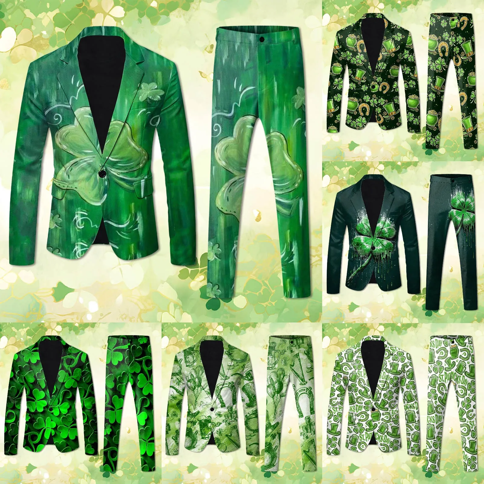 

Mens St. Pat's Day Printed Pocket Lapel Button Suit Suit Tuxedo Jacket