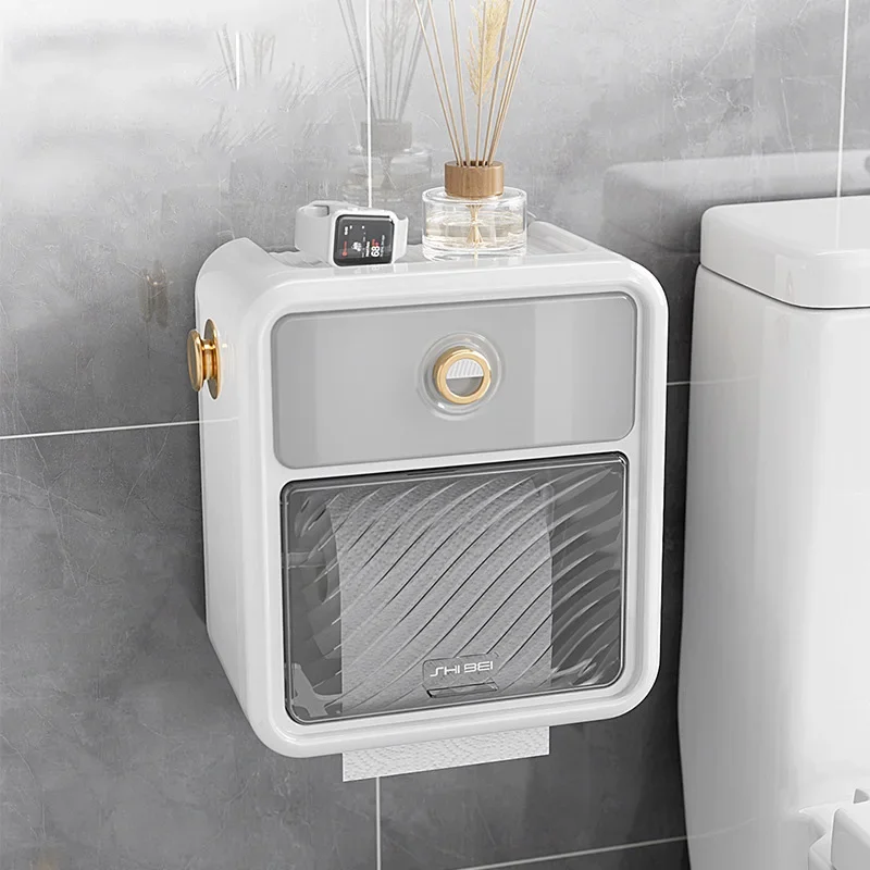 Paper towel box, wall mounted, waterproof, punching free paper drawer, roll paper box storage rack towel holder