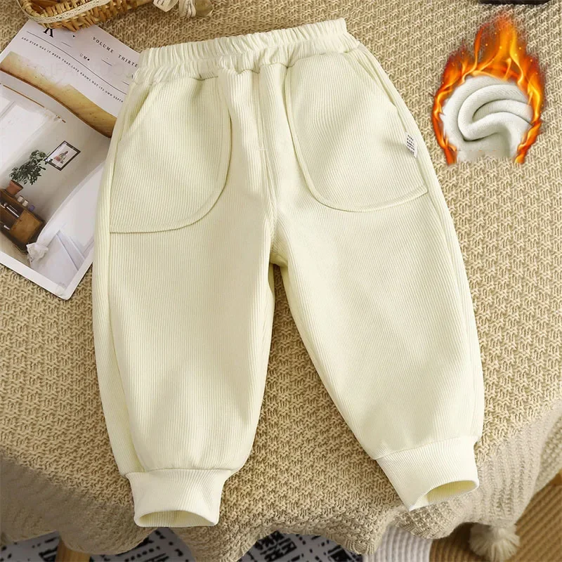 Children Velvet Pants Autumn Winter New Solid Color Boys Kids Thick Warm Sports Trousers Simple Fashion Korean Girls Baby Pants 2
