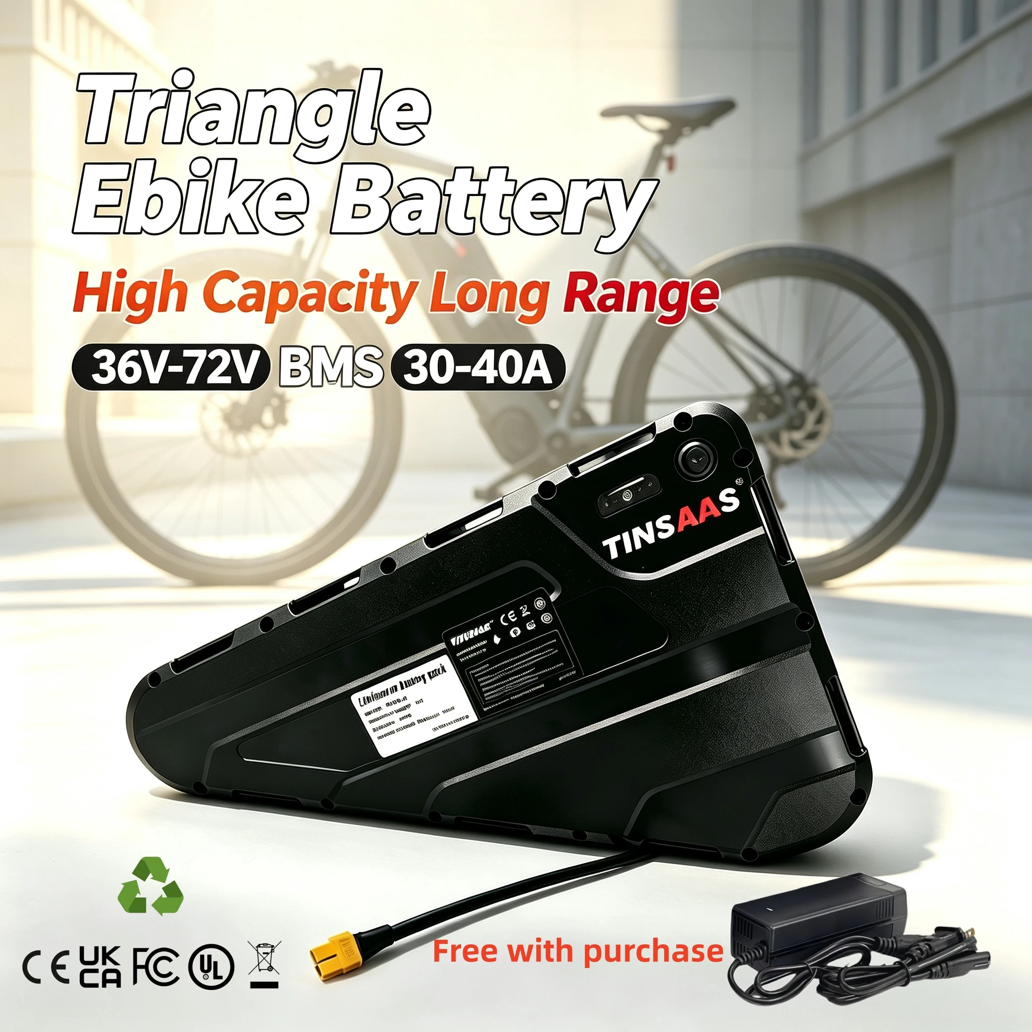 Batteria Triangolare per Bici Elettrica 36V 48V 52V 60V 72V per Ciclismo a Lunga Distanza, Celle 21700, Adatta per Motori da 250W-3000W