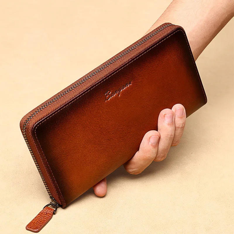 Wallet Men's long wallet Leather multi slot mobile phone card bag Anti theft card swiping driver's license cowhide zipper wallet