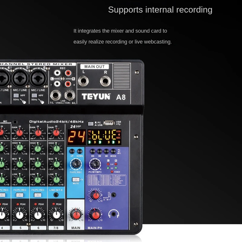 FULL-TEYUN A8 Portable Mixer Sound Card 8-Channel Mixing Console Computer Recording DJ Audio Equipment EU Plug