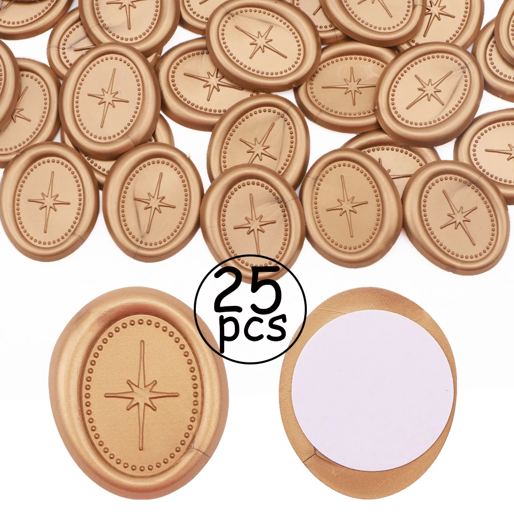 25pcs 타원형 반짝 이는 별 왁스 인감 스탬프 스티커-골동품 골드 결혼식 초대장 봉투 인감 스티커, 자체 접착
