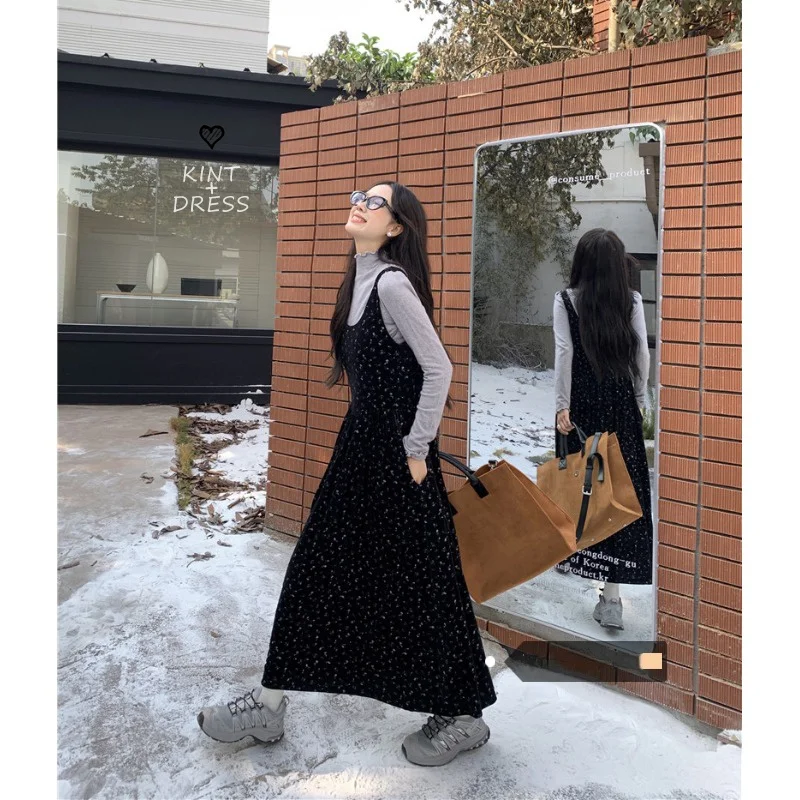 한국 스타일 벨벳 꽃 조끼 드레스 여성 가을 2023 새로운 패션 허리 포옹 민소매 단어 긴 드레스를 쌓아 