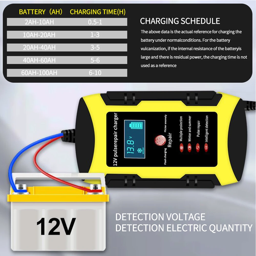 Car Battery Charger Full Automatic 12V 6A Intelligent Fast Charging Pulse Repair Charger for Agm Gel Wet Lead Acid Lcd Display