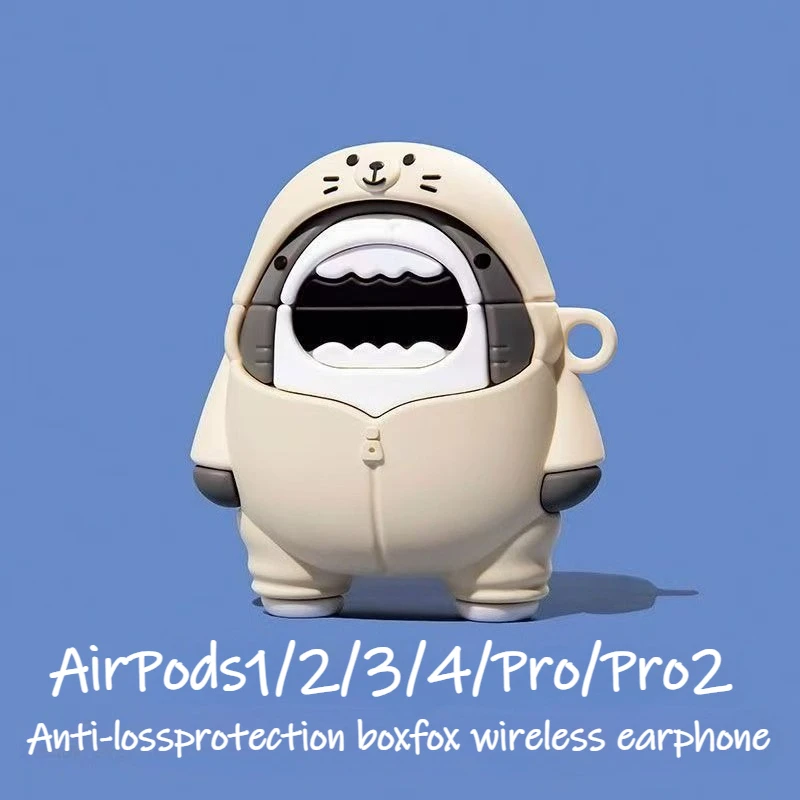 Creative Cute Seal Hoodie Shark Earphones Suitable for Apple Airpods 1/2 3 4 Pro Pro2 Silicone Protective Case