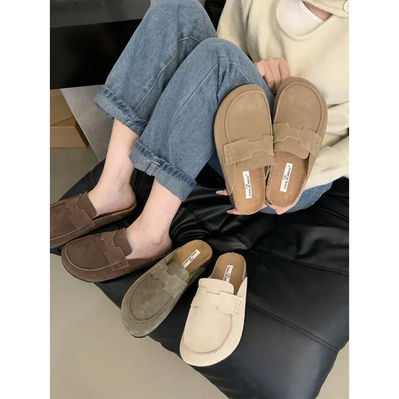 Thick Sole Versatile Bucken Shoes Real Leather Wrap Top Half Slippers Female Outsider Wearing One Step Wearing  Women's Shoes