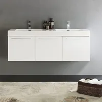 60 Inch White Wall Hung Modern Double Bathroom Vanity - Includes Integrated White Sink with 3 Cabinets - Faucet Not Included 1