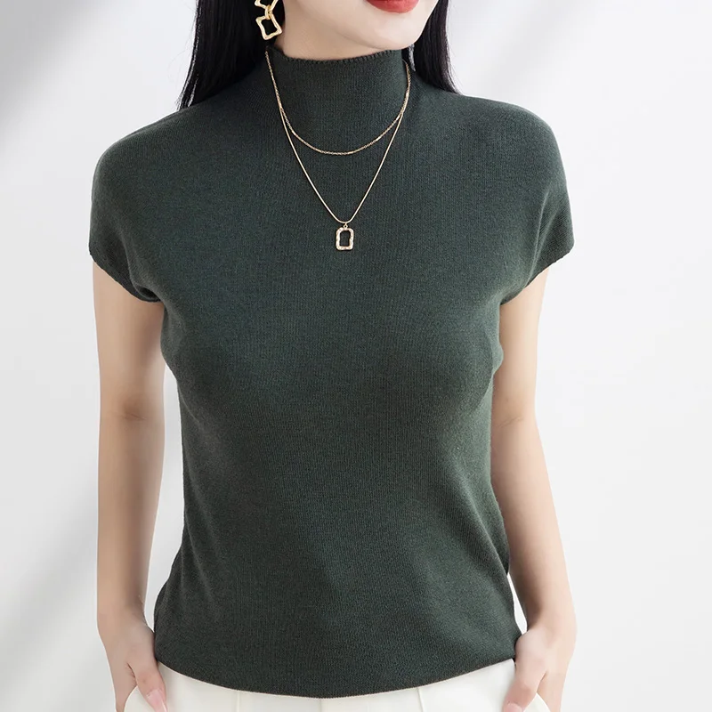 

Semi-High-Necked Short-Sleeved Sweater Women's Summer New Elastic Slim Solid Color Fashion Bottoming Shirt Top