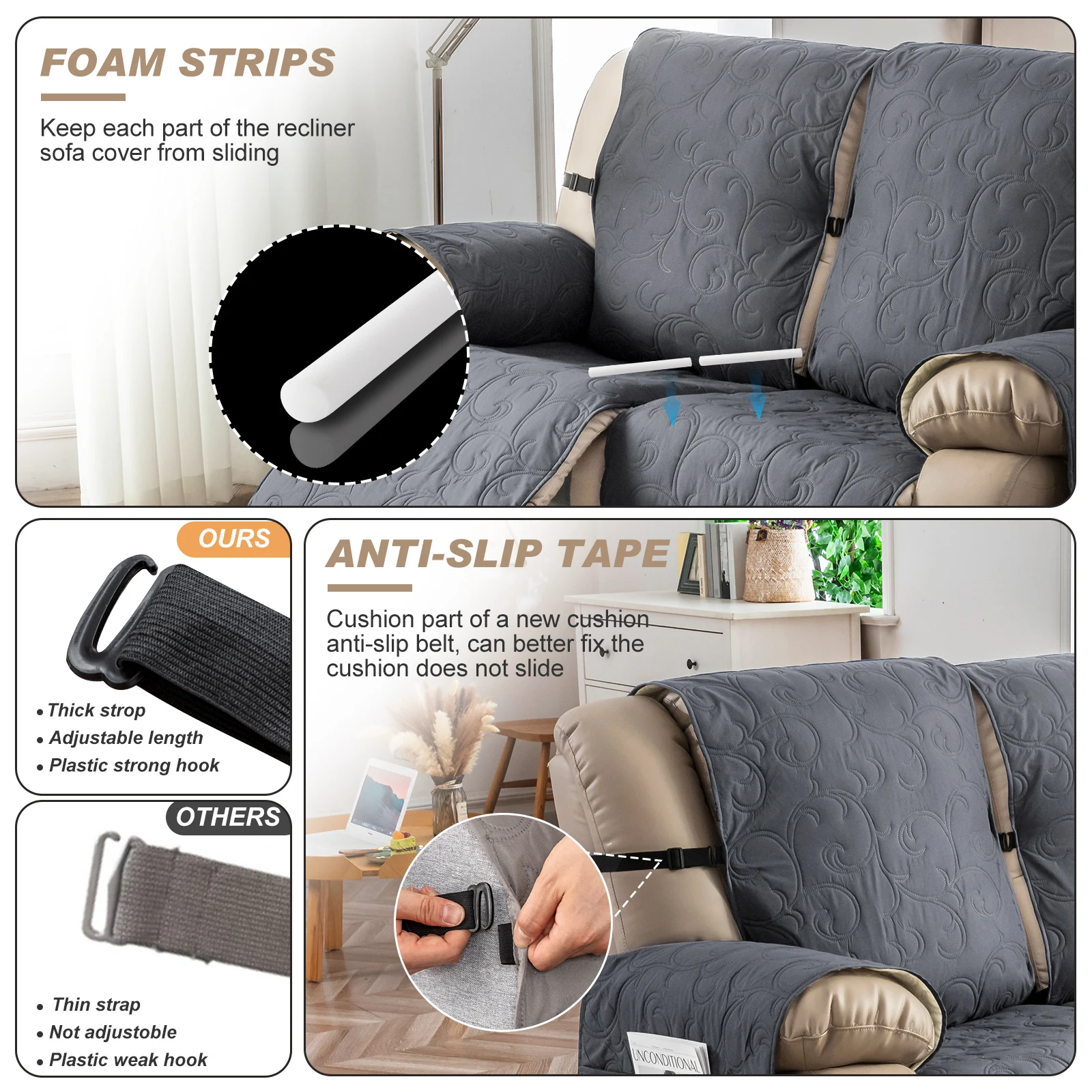 Non-Slip Recliner Sofa Covers 3 Seaters Elastic Band Sofa Covers Washable Furniture Protector for Bedroom, Office, Living Room 5