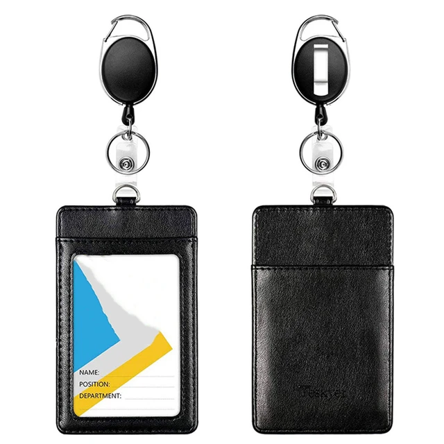 ID Badge Holder with Retractable Lanyard, 4 Card Slots, Premium PU Leather ID Card Holder with Zipper Pocket, Easy Swipe ID Holder for Work ID, School