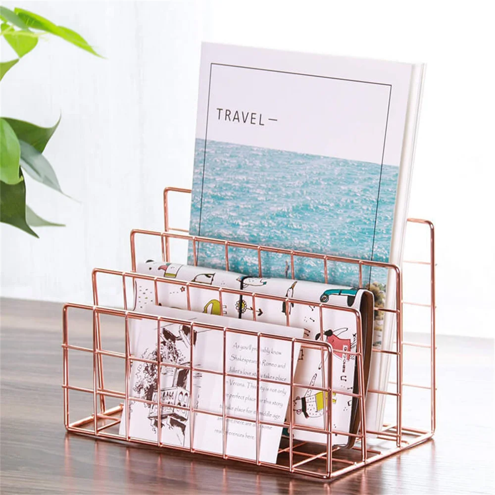 Office Table Storage Holder Simple Wrought Iron Newspaper Rack Rose Gold Shelf Bookstand Book End Gold Metal Magazine Organizer