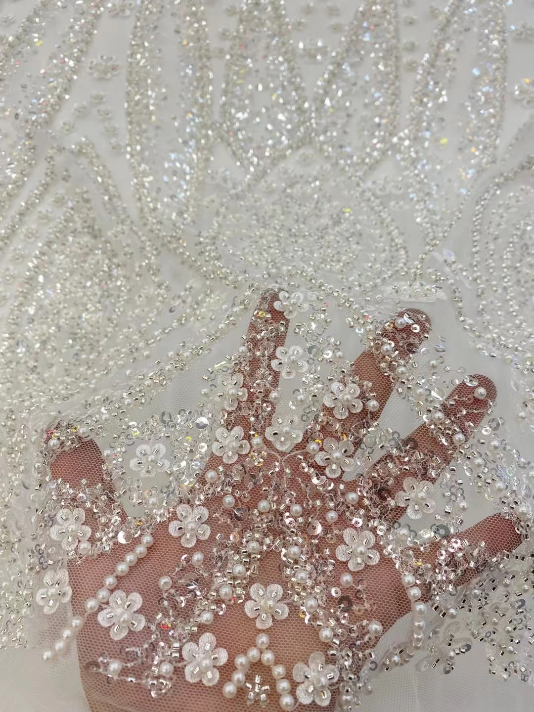 Nigerian Sequins Beads French Tulle Lace Fashion Africa Bridal Mesh Lace Embroidery Net Fabric for Party Dress