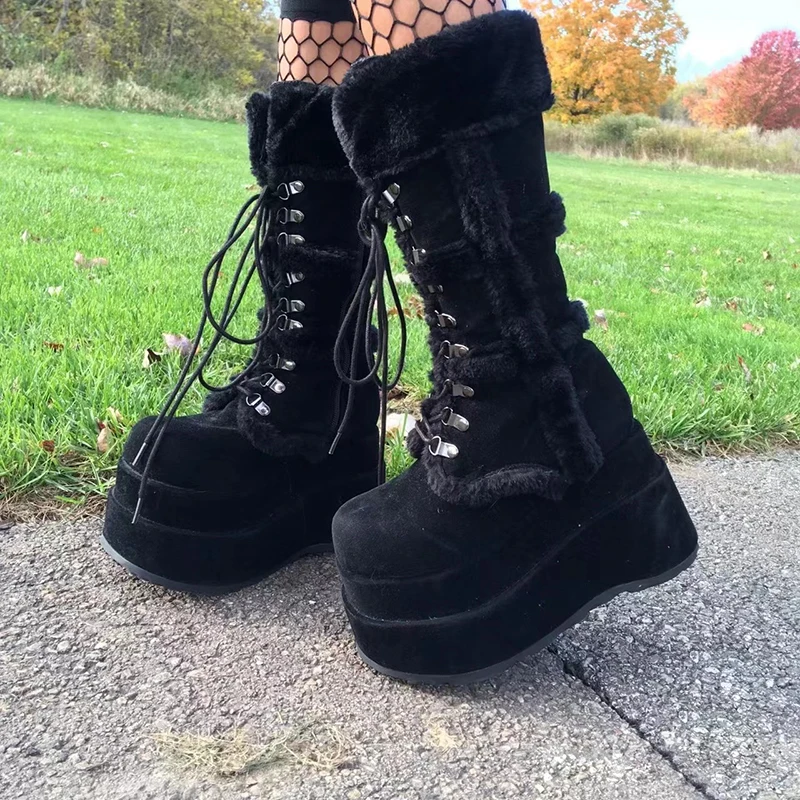 Gothic Knee High Boots Suede Round Toe 