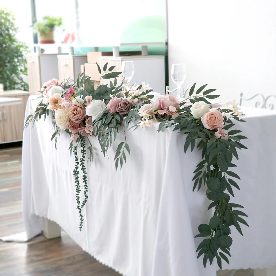 

Artificial Rose Flower Runner Rustic Flower Garland Floral Arrangements Wedding Ceremony Backdrop Arch Flowers Tables Decoration
