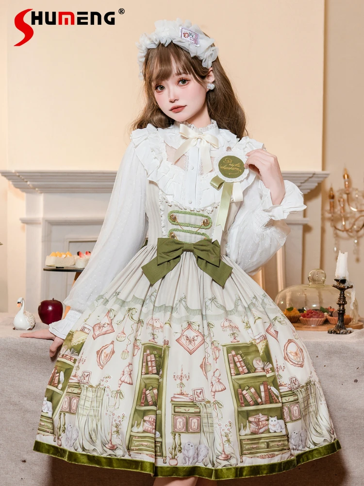 

Japanese Lolita Lace Patchwork Ruffled Long Sleeve Shirt Printed High Waist Bow Back Lace-up Sweet JSK Dress Two-Piece Set Women