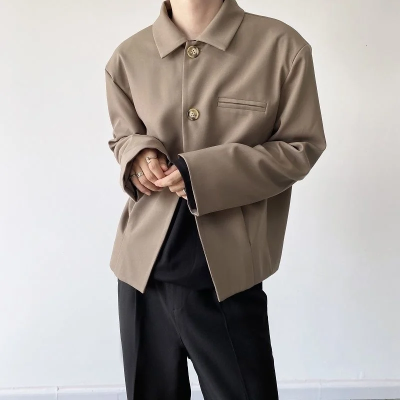 

Simple Spring Men's Short Coat Lapel Solid Color Streetwear Fashion Single Breasted Black Khaki Jacket 2022 New Tide 2Y2331