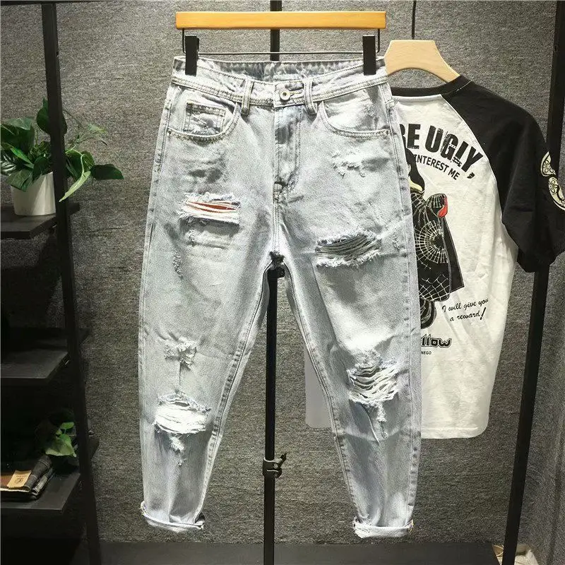 Ripped Jeans for Men Vintage Clothes Patch Hole Beggar Pants Jean Baggy Light Color 90s Streetwear Vintage Trousers fashion pants men casual pants