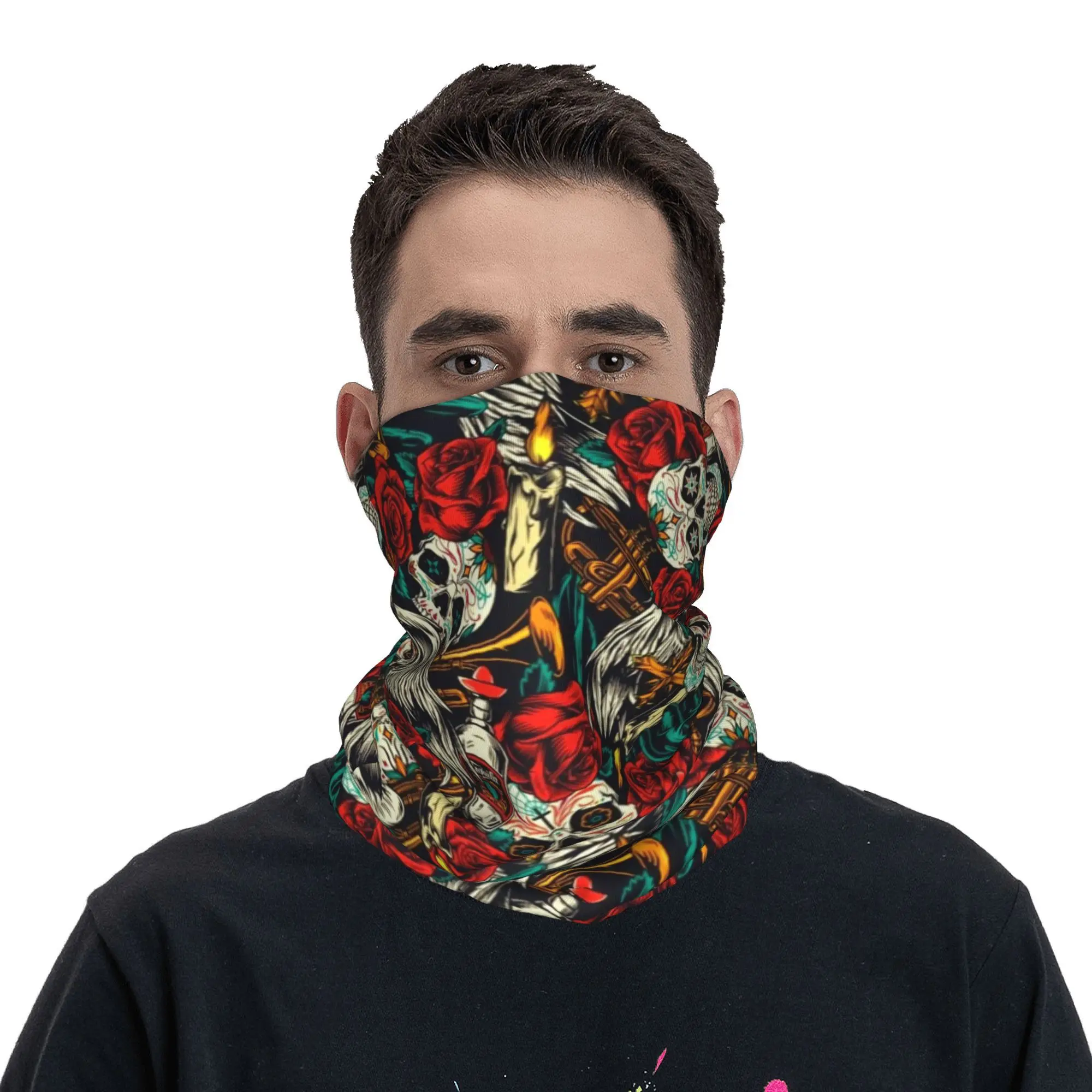 Mexican Sugar Skull Art Neck Gaiter Women Men UV Protection Winter Bandana Scarf for Hiking