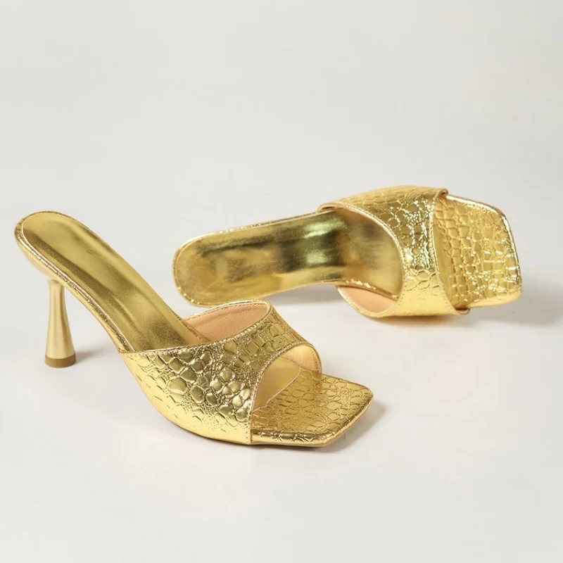 Women Sexy High Heels Slippers Summer New Fashion Square Toe Shoes Sandals 2025 Dress Party Casual Pumps Flip Flops Mujer Slides