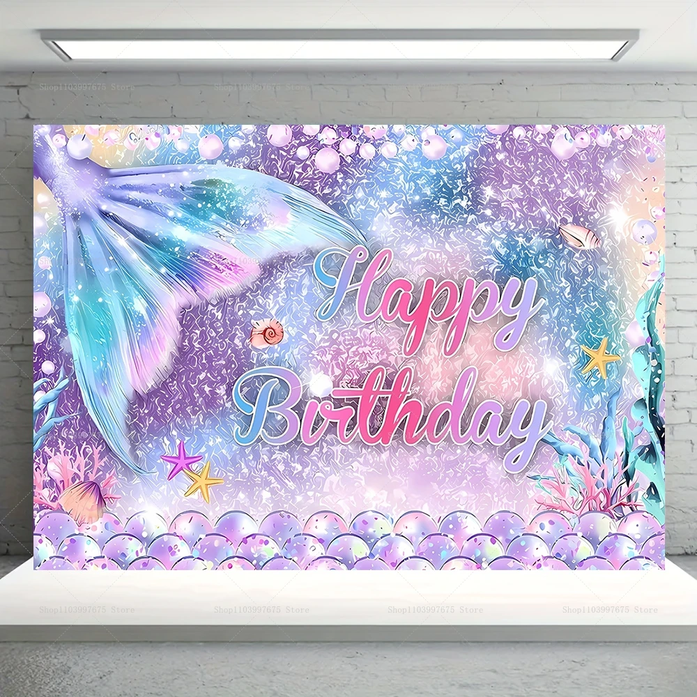 Description Picture 3 of itemMermaid Party Backdrops Children's Happy Birthday Decor Photographic Underwater World Shell Pearls Background Baby Shower Banner