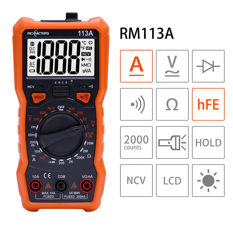 RICHMETERS RM113D NCV Digital Multimeter 6000 Counts Auto Ranging AC/DC Voltage Meter Flash Back Light Large Screen 113A/D 3