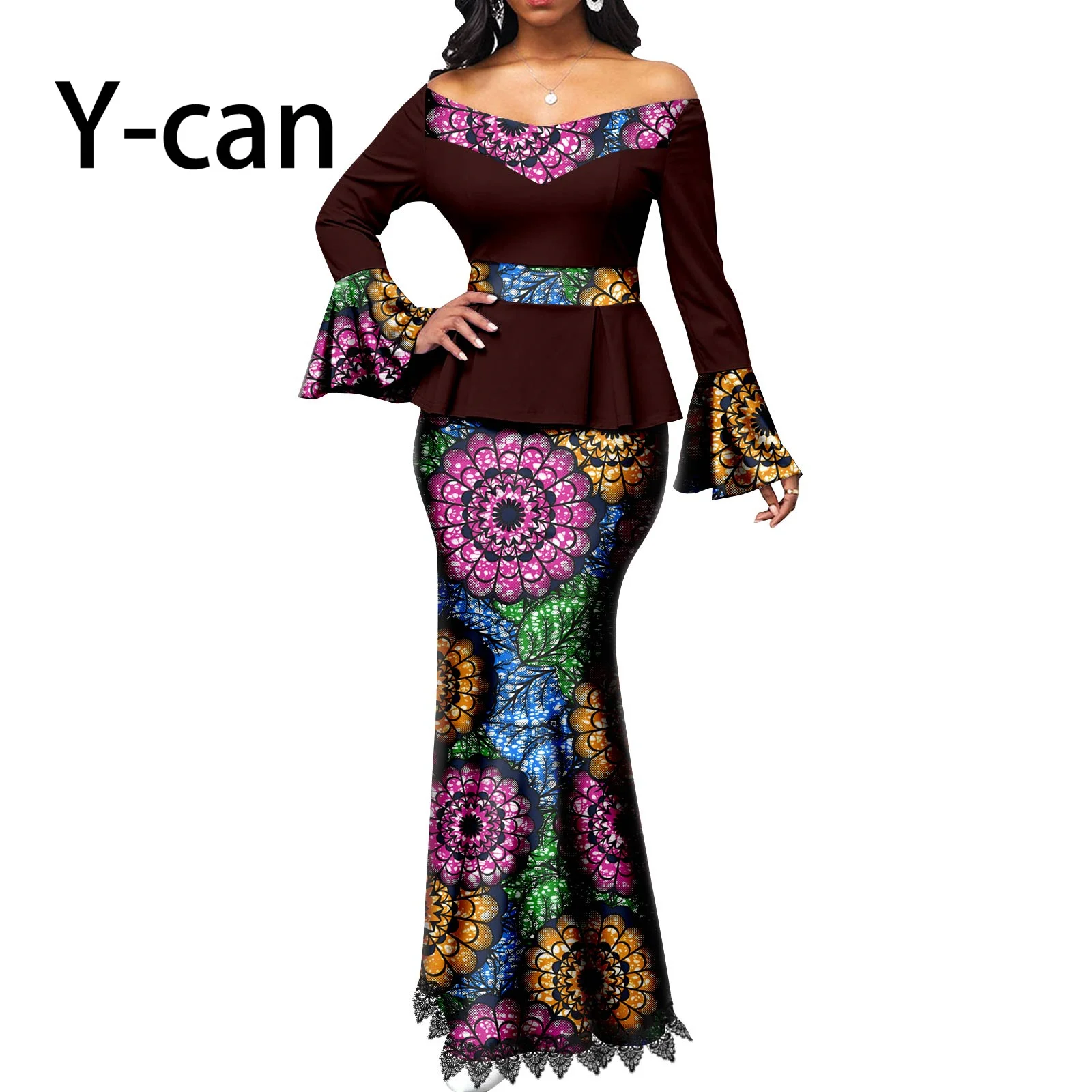 African Clothes for Women Bazin Riche Patchwork Print Ruffles Top and Lace Skirts Sets Female Dashiki Ankara Outfits A2226003