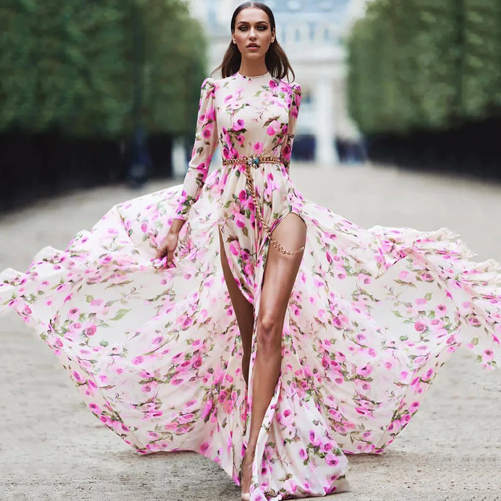 

2022 Summer Print Large Swing Dress Split Fashion Long Skirt Beach Dress