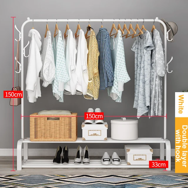 Garment Rack Free-standing Clothes Rack with Top Rod,Coat Rack Clothes, Hanger Wardrobe ,Clothes for Rack Lower Storage W-2layer-hook -150cm