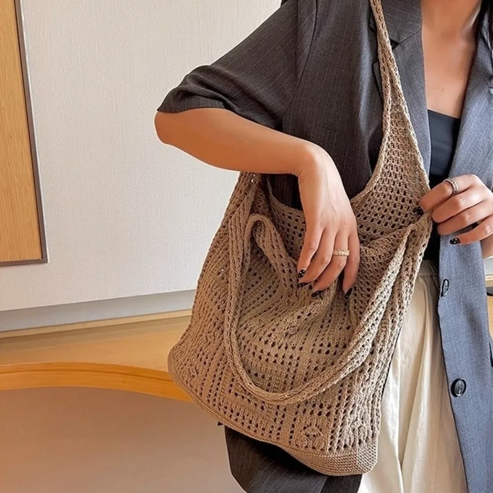 Borsa a Spalla in Maglia Monocolore, Borsa da Spiaggia Intrecciata Vuota, Borsa Shopping Grande Capacità Stile Bohemien per Uso Quotidiano