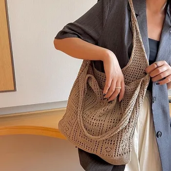 Borsa a Spalla in Maglia Monocolore, Borsa da Spiaggia Intrecciata Vuota, Borsa Shopping Grande Capacità Stile Bohemien per Uso Quotidiano