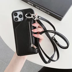 Leather Crossbody Zipper Wallet Phone Case with Card Pocket and Coin Purse - iPhone 12(12 Pro) (Black)