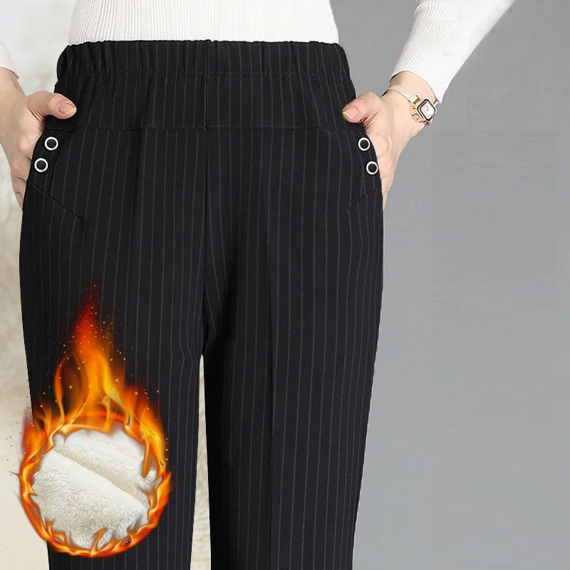 2023Autumn Winter Middle-aged Elderly Women Fashion Lamb Thick Warm Pants Ladies High Waist Elegant Straight Trousers Pantalones