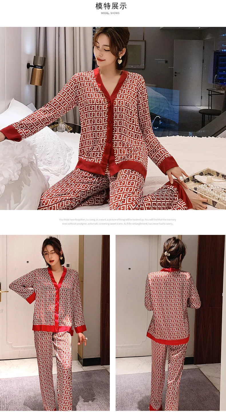 2 piece pajama set women's Silk Pajamas Women's Long Sleeve Trousers Two Piece Ice Silk Pajamas Fashion Silk Ladies Loose Casual Luxury Ladies Homewear cotton pyjama set