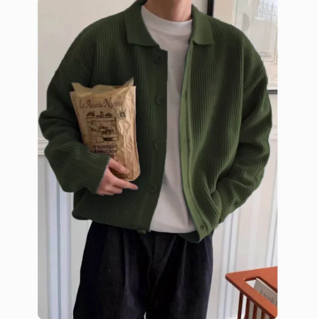 New Autumn and Winter Lapel Knitted Cardigan Jacket for Men Loose Lazy Style Sweater Korean Fashion Casual Top 1
