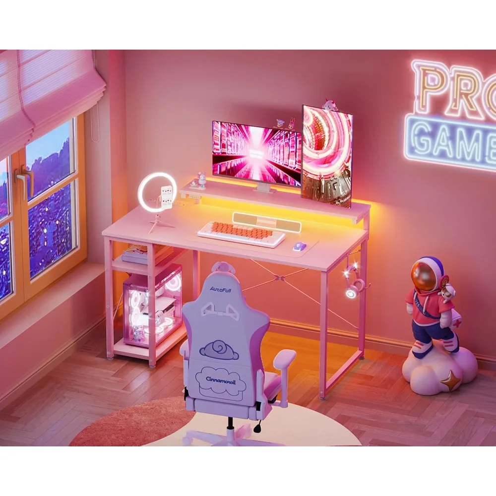 illuminated gaming desk with integrated power outlet, compact 40-inch desk with storage shelves, versatile adjustable gaming des