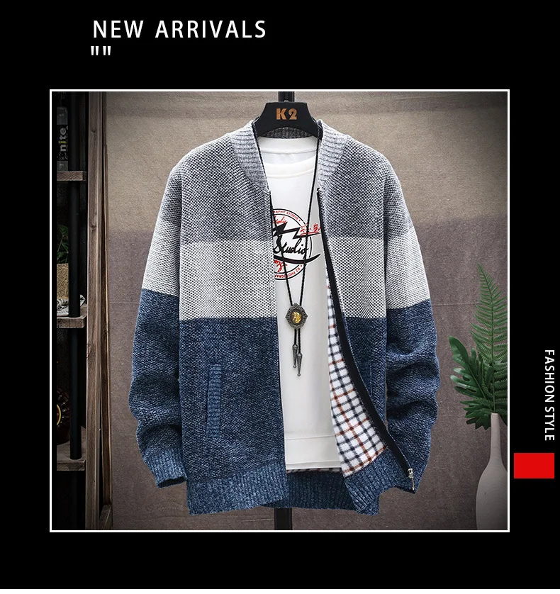 Description Picture 2 of itemAmazon Men's Stand Collar Color Block Fleece-lined Thickened Sweater Knitted Top Casual Cardigan Jacket Japanese Style
