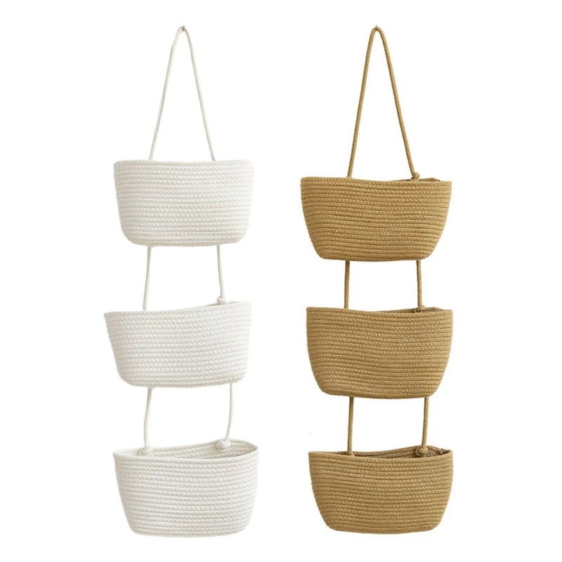 

Wall Hanging Woven Storage Basket Cotton Rope 3 Tier Multipurpose for Home Bedroom Dormitory Book 45BE