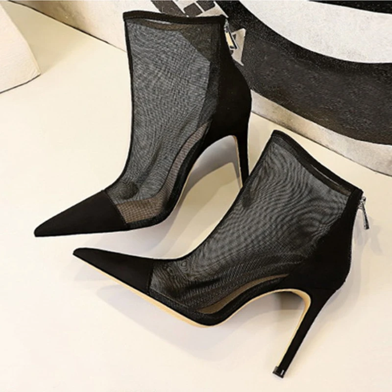 New Spring Autumn Sexy Mesh Women Ankle Boots Pointed Toe Fashion Zip Ladies Party Stiletto High Heels Shoes Size 34-40